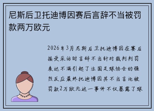 尼斯后卫托迪博因赛后言辞不当被罚款两万欧元