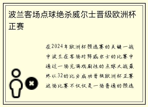 波兰客场点球绝杀威尔士晋级欧洲杯正赛