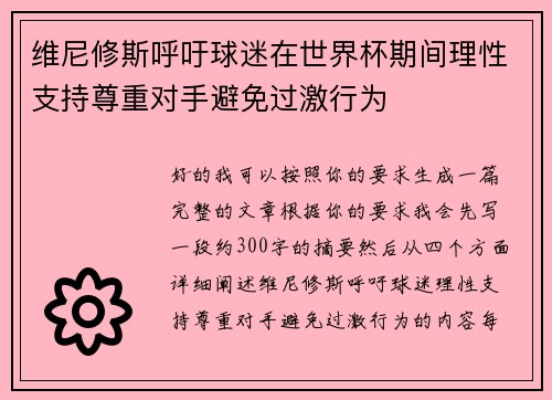 维尼修斯呼吁球迷在世界杯期间理性支持尊重对手避免过激行为